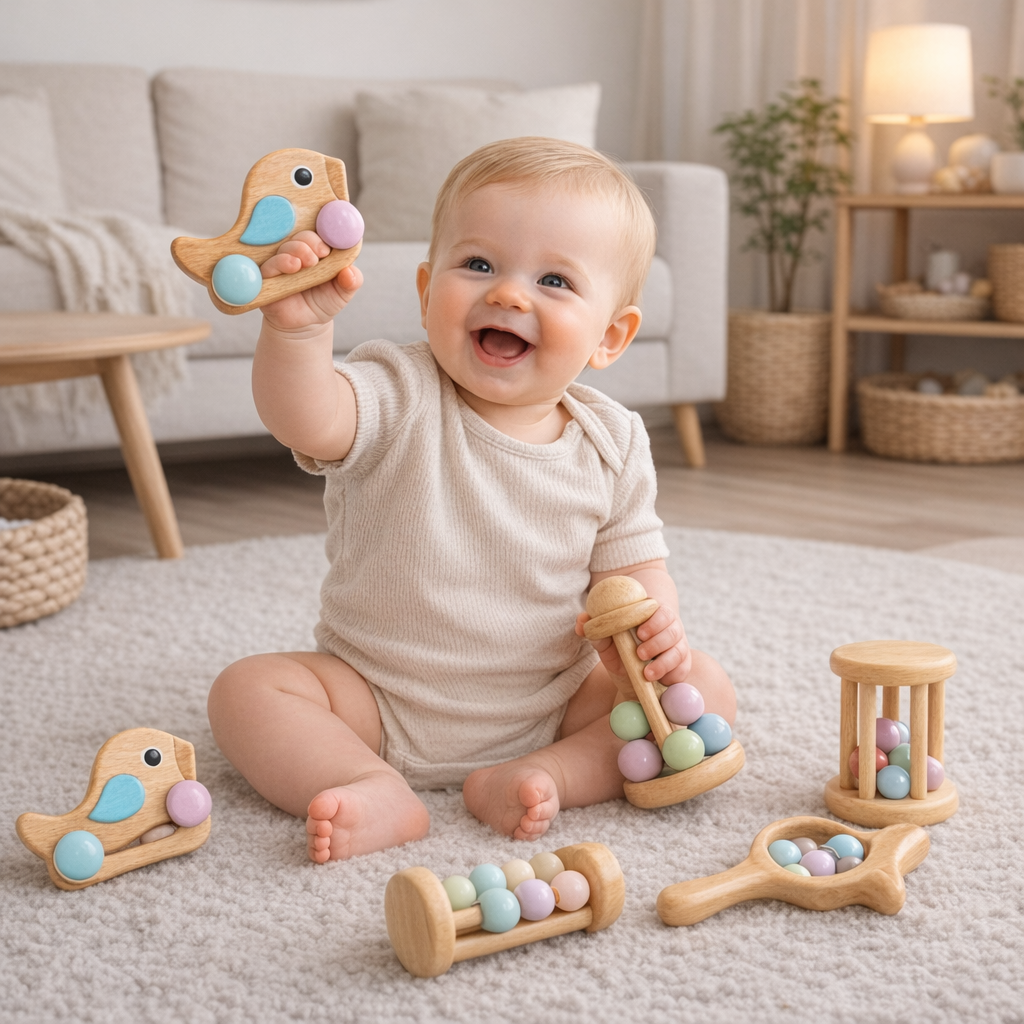 Pastellzauber  Fünfteiliges Holzspielzeugset für Babys