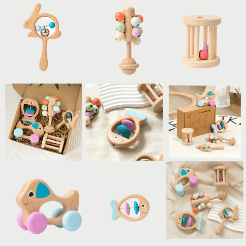 Pastellzauber  Fünfteiliges Holzspielzeugset für Babys